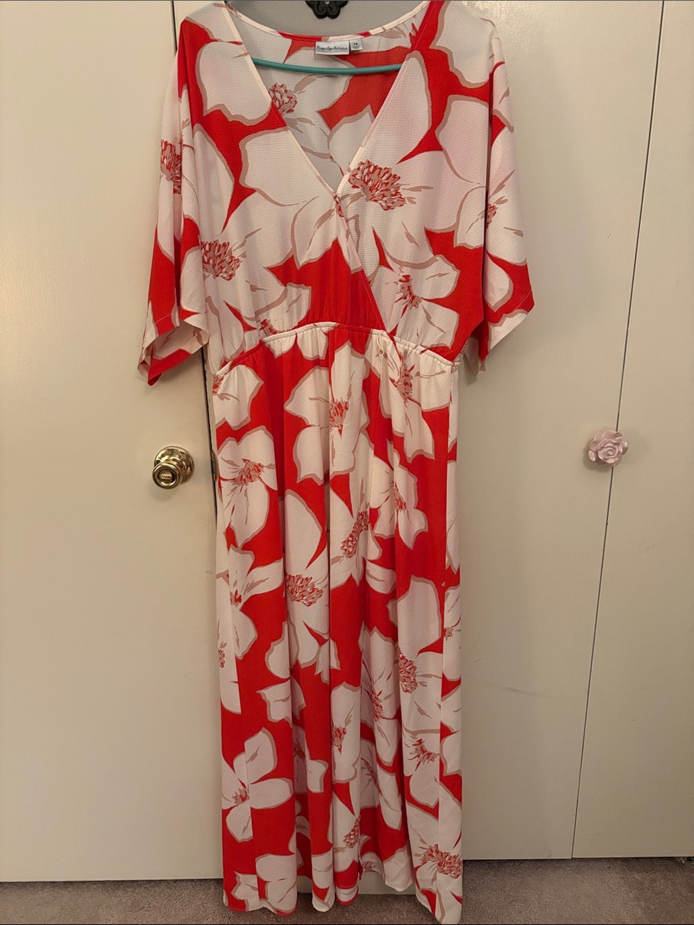 Orange & White Floral Maxi Dress - V-Neck, Elastic Waist